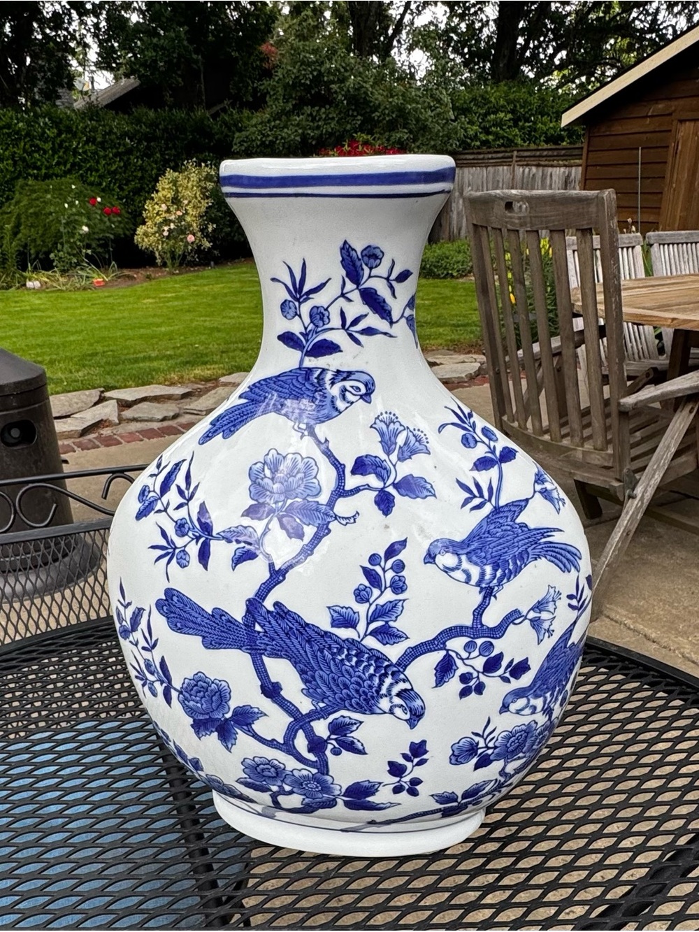 Large Blue & White Chinoiserie Vase Bird Floral Porcelain Decor